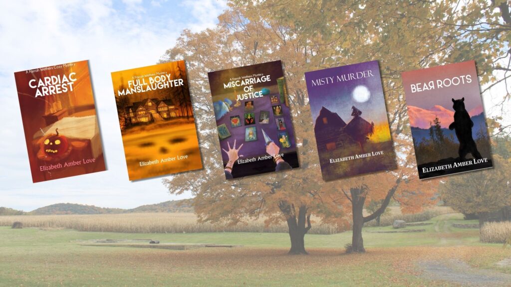 banner with a farm in autumn background; book covers in line in foreground.